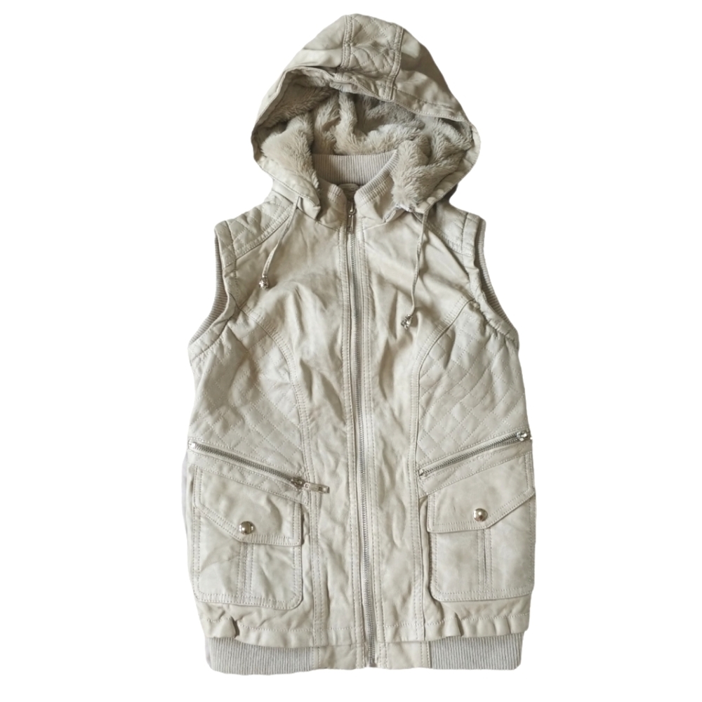 Tan leather hooded zip up moto vest Downtown Coalition